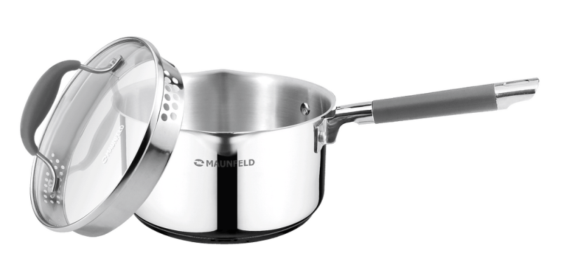 Ковш MAUNFELD LAURA МSP16S08GR из нержавеющей стали со стеклянной крышкой, 16 см, 1,6 л.